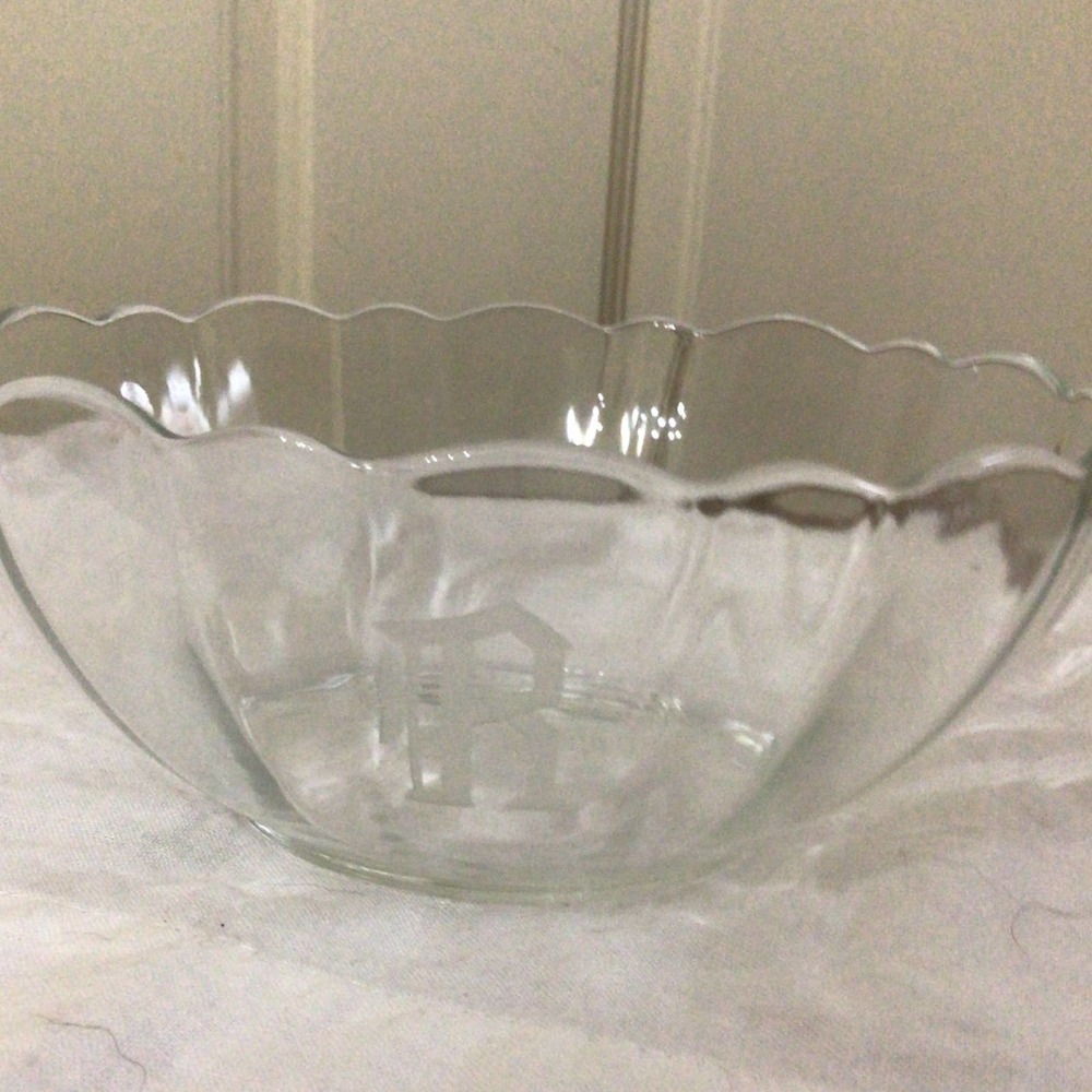 Four monogrammed “R” Arcoroc bowls  from France ski